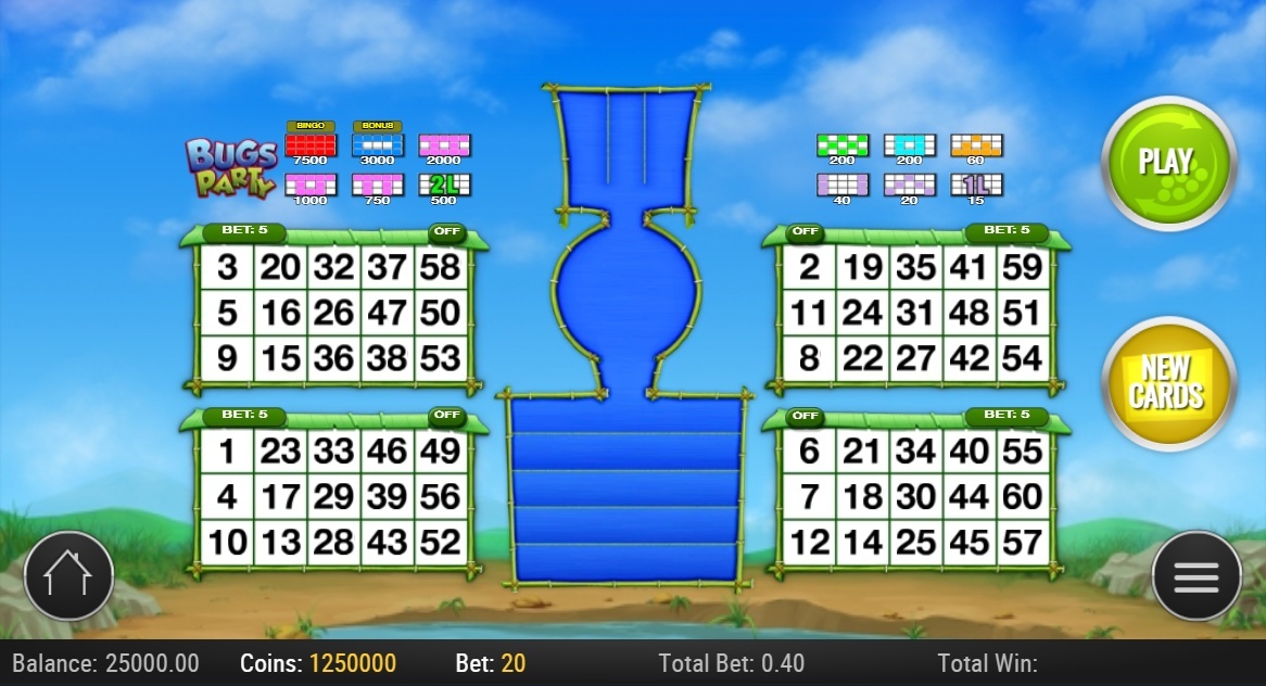 Bingo game screen showing four bingo cards, prize levels, bet controls, and play button